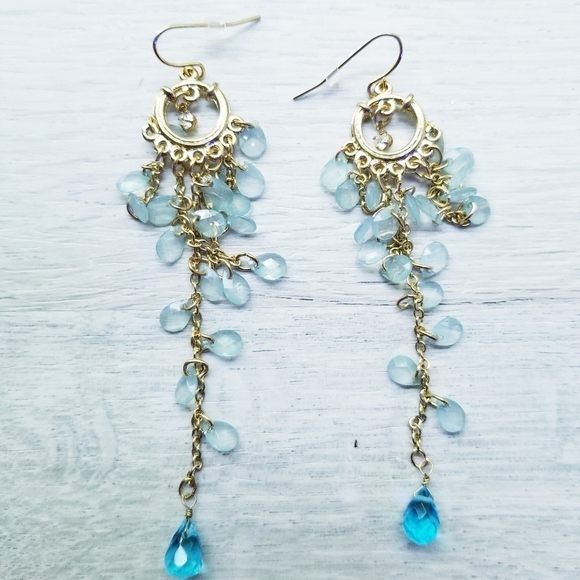 "Bundles Only" Goldtone & Blue Dangle Teardrop Beads Earrings - Picture 5 of 6